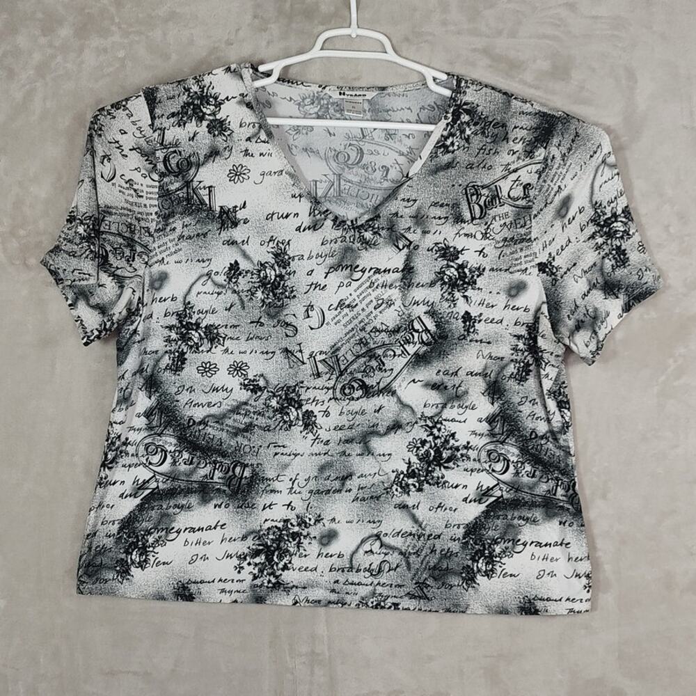 Nygard Collection Plus Size 2x Short Sleeve Pullover V-neck Top Black/Gray/White